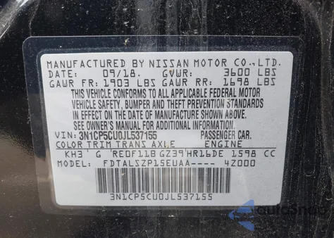 2018 Nissan Kicks Sv z USA, uszkodzony, nr VIN 3N1CP5CU0JL537155